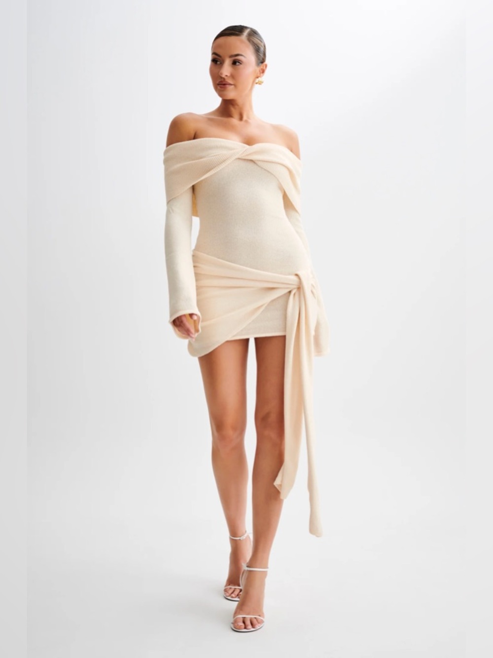 NWT Meshki Camryn Off Shoulder‎ Tie Knit Mini Dress Cream Marle Women’s Size L - Picture 4 of 11